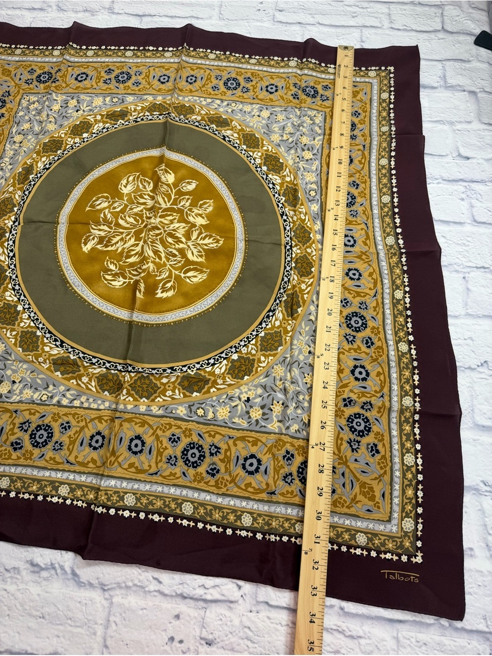 Talbots Burgundy and Mustard Floral Border Square Scarf - Picture 6 of 8